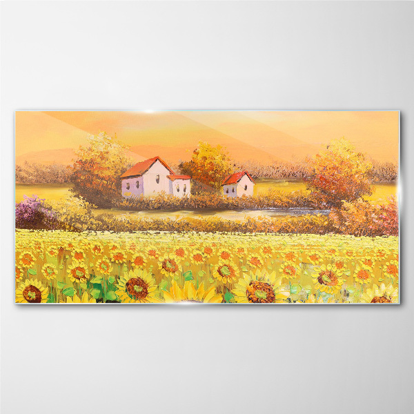 Glas bild Wiesensonnenblumenbäume