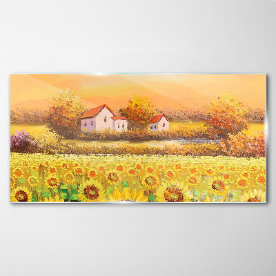 Glas bild Sonnenblumenfelder und Dorfhäuser