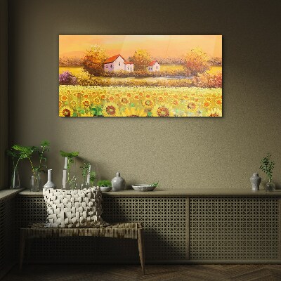 Glas bild Wiesensonnenblumenbäume