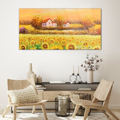 Glas bild Sonnenblumenfelder und Dorfhäuser