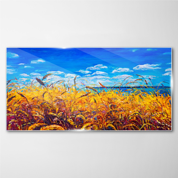 Glasbild Goldene Felder unter blauem Himmel