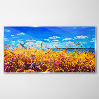 Glasbild Goldene Felder unter blauem Himmel