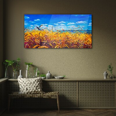 Glasbild Goldene Felder unter blauem Himmel