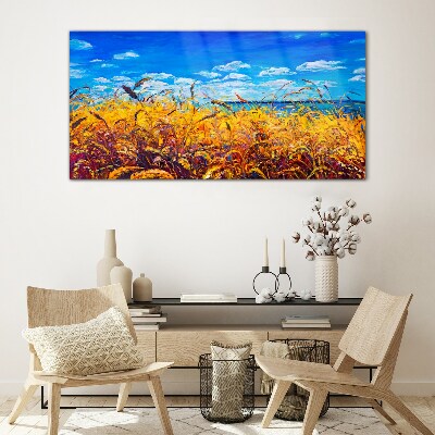 Glasbild Goldene Felder unter blauem Himmel