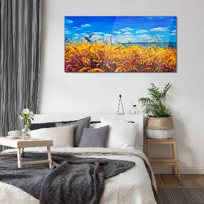 Glasbild Goldene Felder unter blauem Himmel