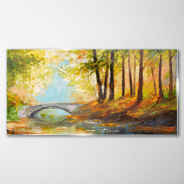 Glasbild Brücke im Herbstwald