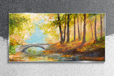 Glasbild Brücke im Herbstwald