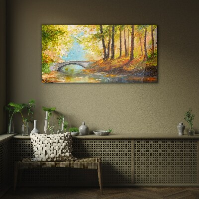 Glasbild Brücke im Herbstwald