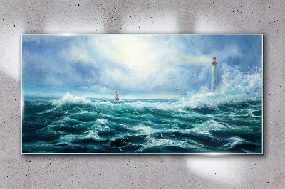Glasbild Stürmische See mit Leuchtturm