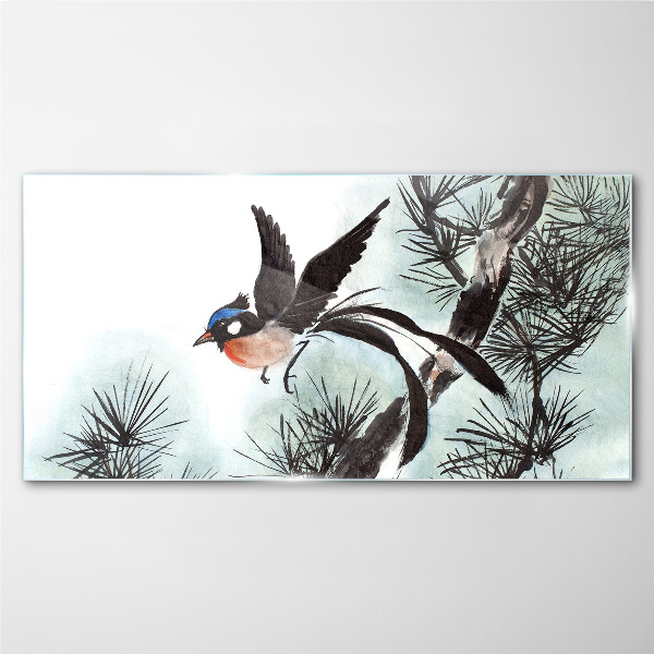 Glas bild Ein Vogel im Flug über den Kiefern