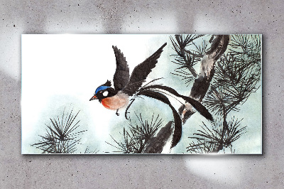 Glas bild Ein Vogel im Flug über den Kiefern