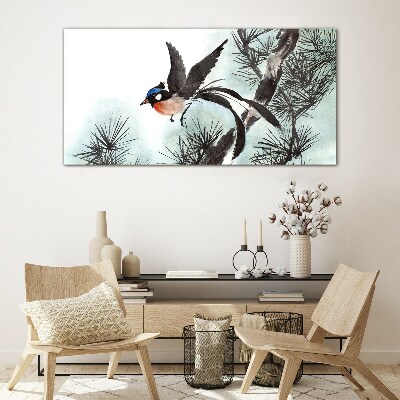 Glas bild Ein Vogel im Flug über den Kiefern
