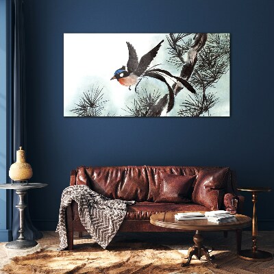 Glas bild Ein Vogel im Flug über den Kiefern