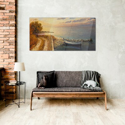 Glasbild Ein ruhiger Hafen in der untergehenden Sonne