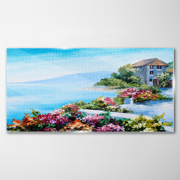 Glasbild Küstenlandschaft mit Blumen
