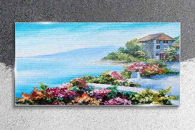Glasbild Küstenlandschaft mit Blumen
