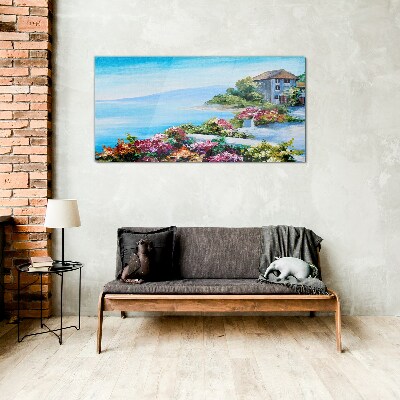 Glasbild Küstenlandschaft mit Blumen
