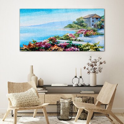 Glasbild Küstenlandschaft mit Blumen