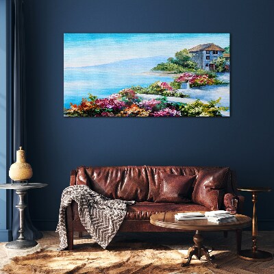 Glasbild Küstenlandschaft mit Blumen