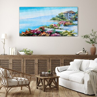 Glasbild Küstenlandschaft mit Blumen