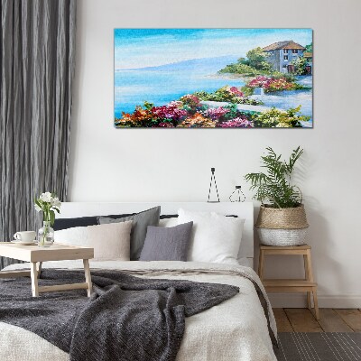 Glasbild Küstenlandschaft mit Blumen