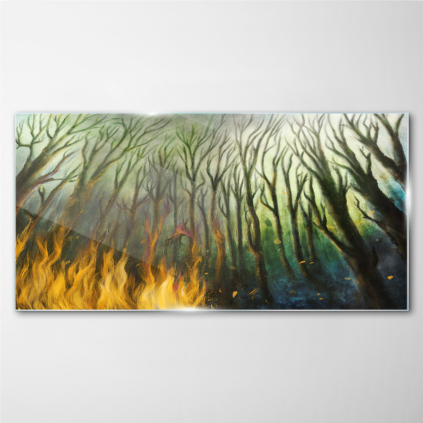 Glasbild Malerei Waldbäume Feuer