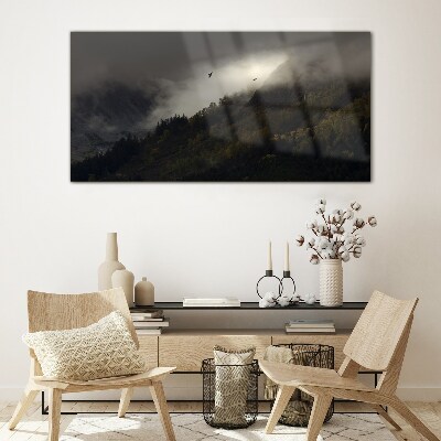 Foto auf glas Nebliges Bergpanorama mit Vögeln