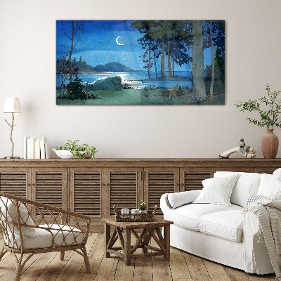 Glasbild Nachtlandschaft über dem Wasser