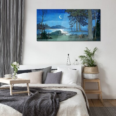 Glasbild Nachtlandschaft über dem Wasser