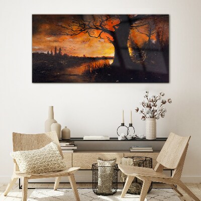 Glasbild Goldene Stunde am See