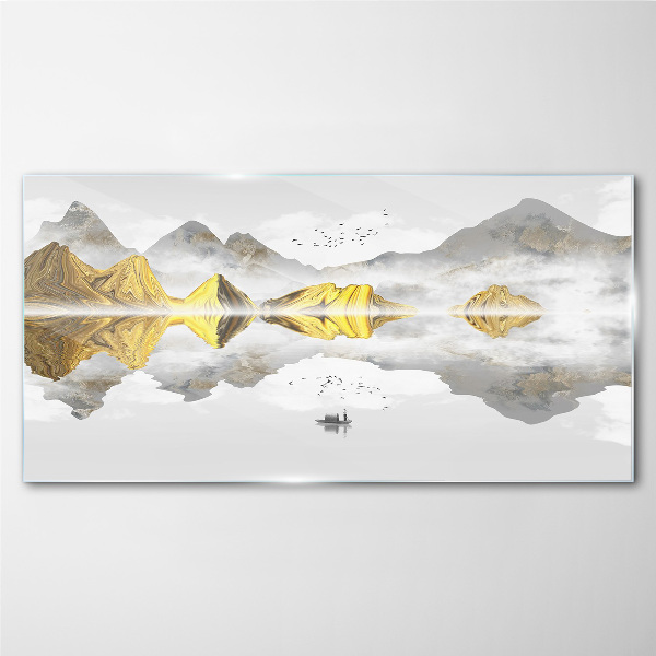 Glasbild Goldene Berge in mystischer Spiegelung