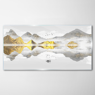 Glasbild Goldene Berge in mystischer Spiegelung