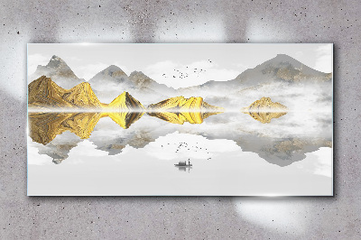 Glasbild Goldene Berge in mystischer Spiegelung