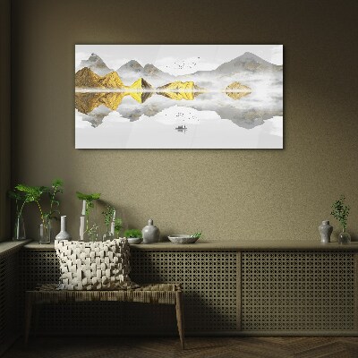 Glasbild Goldene Berge in mystischer Spiegelung