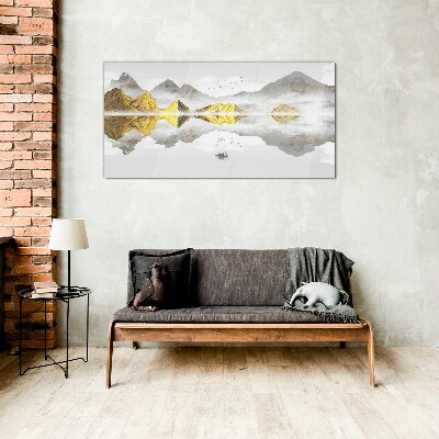 Glasbild Goldene Berge in mystischer Spiegelung