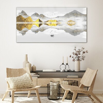 Glasbild Goldene Berge in mystischer Spiegelung