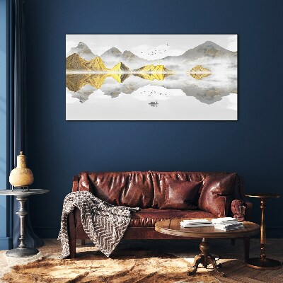 Glasbild Goldene Berge in mystischer Spiegelung