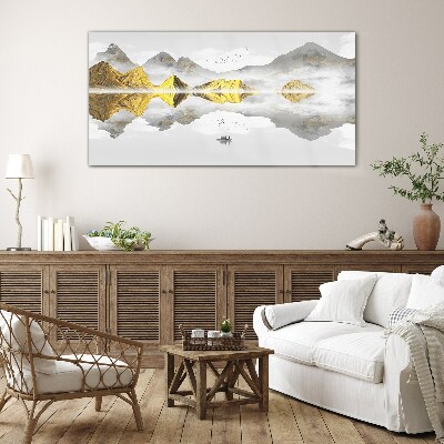 Glasbild Goldene Berge in mystischer Spiegelung