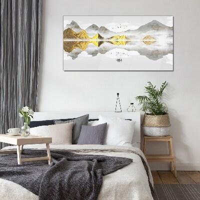 Glasbild Goldene Berge in mystischer Spiegelung