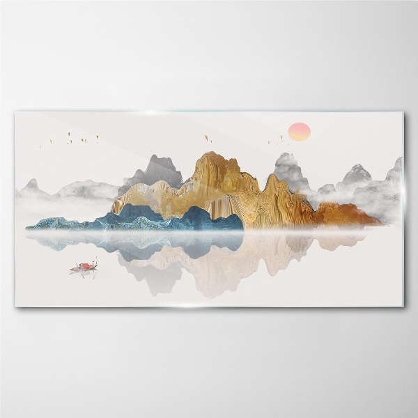 Glasbild Friedliche Berglandschaft mit einem Boot