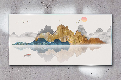 Glasbild Friedliche Berglandschaft mit einem Boot