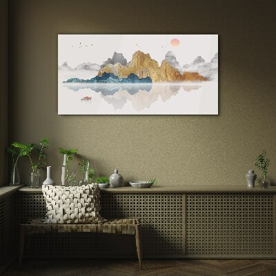 Glasbild Friedliche Berglandschaft mit einem Boot