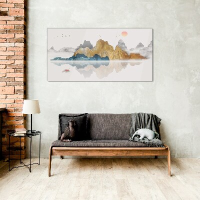 Glasbild Friedliche Berglandschaft mit einem Boot