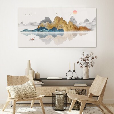 Glasbild Friedliche Berglandschaft mit einem Boot