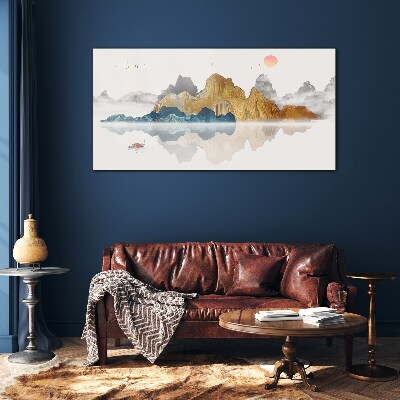Glasbild Friedliche Berglandschaft mit einem Boot