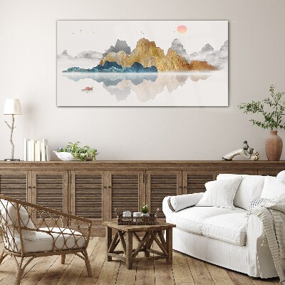 Glasbild Friedliche Berglandschaft mit einem Boot