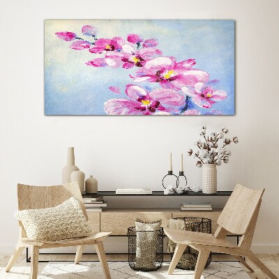 Glasbild Rosa Orchideen auf blauem Hintergrund
