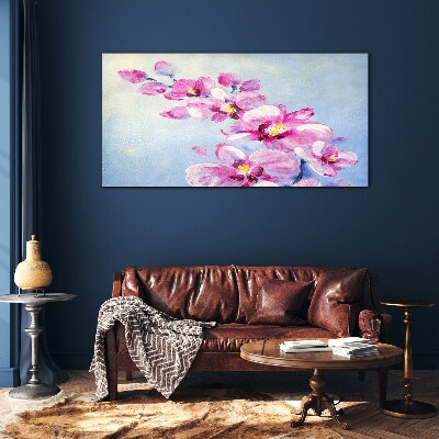 Glasbild Rosa Orchideen auf blauem Hintergrund