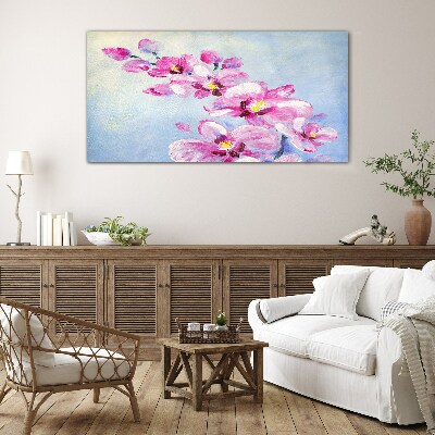 Glasbild Rosa Orchideen auf blauem Hintergrund