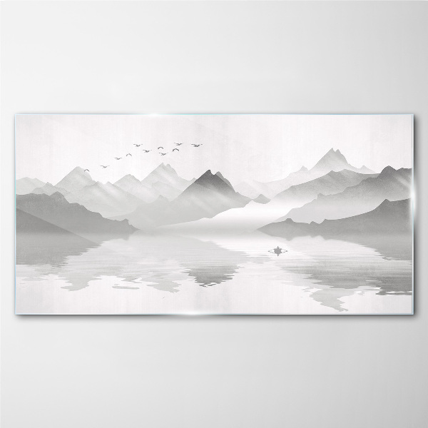 Glasbild Eine friedliche Berglandschaft in Monochrom